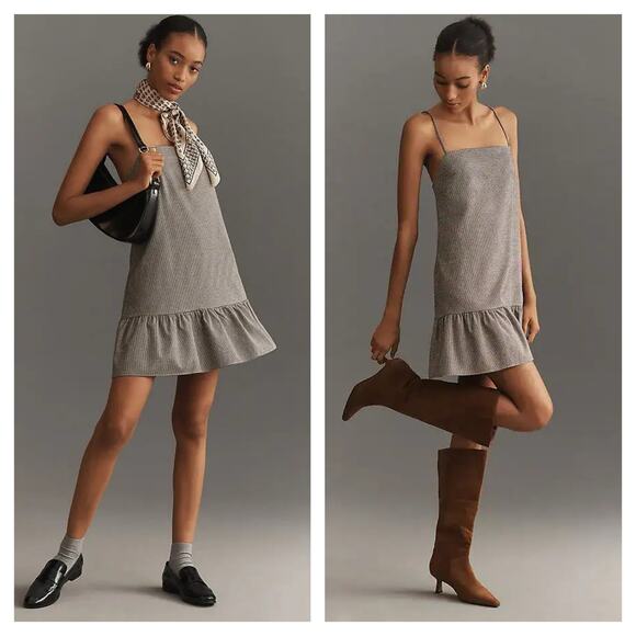 Maeve Dresses & Skirts - NWT Anthropologie Maeve Houndstooth Mini Dress Medium Square Neck Ruffle Hem